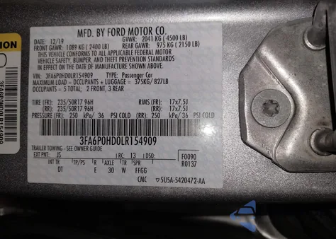 2020 Ford Fusion Se z USA, uszkodzony, nr VIN 3FA6P0HD0LR154909
